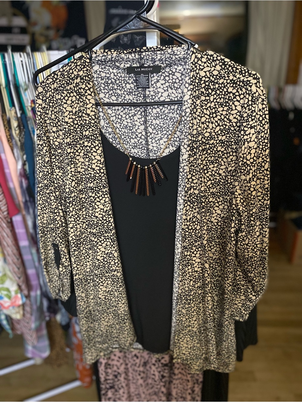 Liz McCoy Black and Cream Printed Open-Front Blouse Cardigan with cami